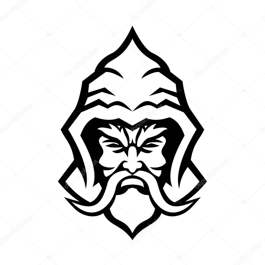 Mascot icon illustration of head of a Wizard, sorcerer or warlock, a practitioner of magic derived from supernatural, occult, or arcane sources viewed from  front done in retro black and white style.