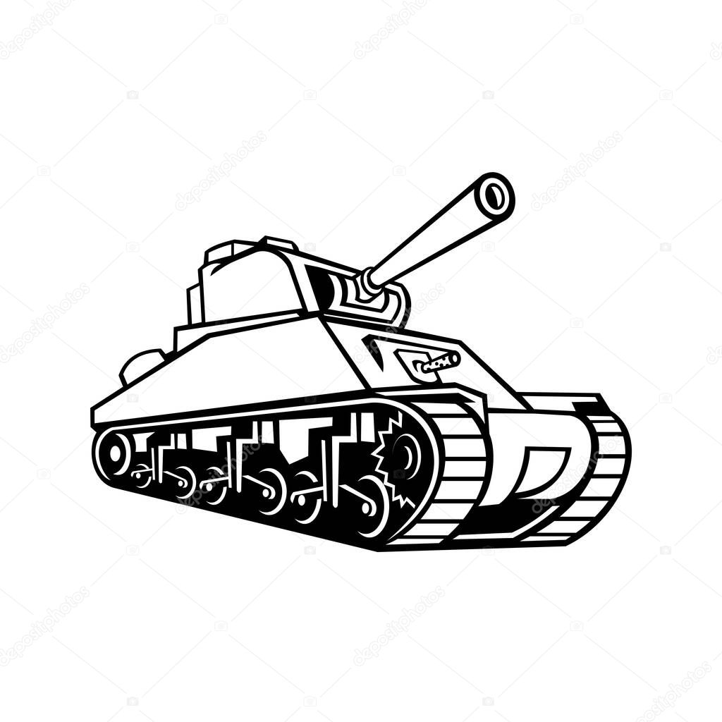 Mascot icon illustration of an M4 Sherman, the most widely used medium tank by the United States and Western Allies in World War II viewed from a low angle in retro black and white style.