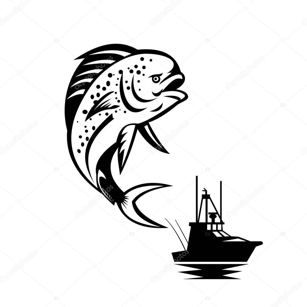 Retro style illustration of a pompano dolphinfish (Coryphaena equiselis), a surface-dwelling ray-finned fish, jumping up with fishing boat, seacraft or vessel in background done in black and white.