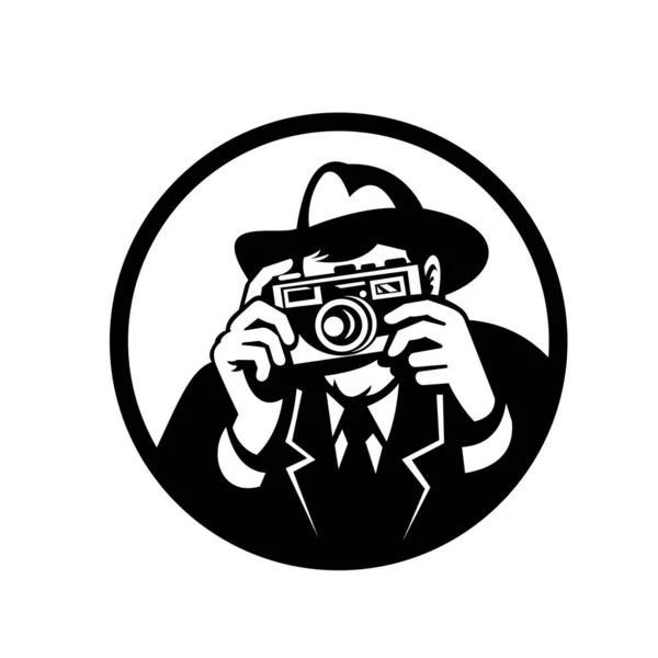 Ilustración Estilo Retro Fotógrafo Con Sombrero Fedora Una Cámara Vintage — Vector de stock