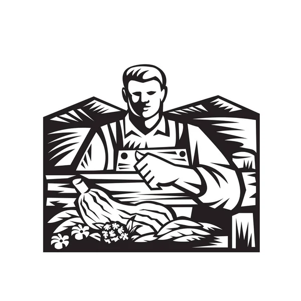Черно Белая Иллюстрация Органического Фермера Урожаем Овощной Продукции Обращенной Лицом — стоковый вектор