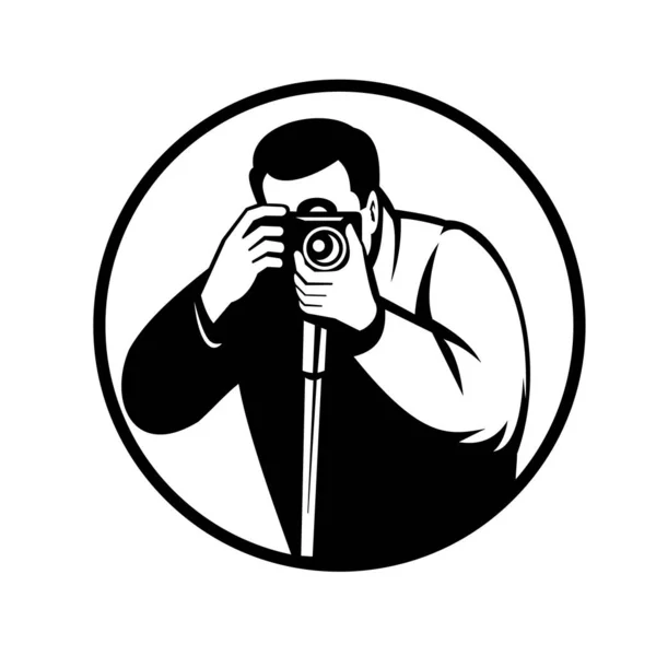 Ilustración Estilo Retro Blanco Negro Fotógrafo Fotografiado Con Cámara Slr — Archivo Imágenes Vectoriales