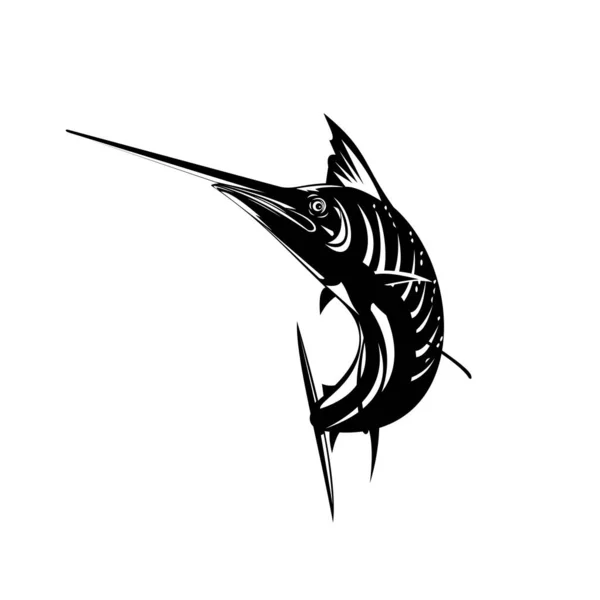 冷涼な海域に生息するビル魚属イスティオポロスの魚である大西洋のザリガニのレトロな木版画スタイルのイラストが 黒と白で描かれた孤立した背景の上から正面から見上げられてジャンプします — ストックベクタ