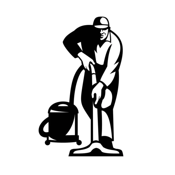 Illustration Eines Hausmeister Reinigungskraft Arbeiter Staubsaugen Reinigung Mit Staubsauger Nach — Stockvektor