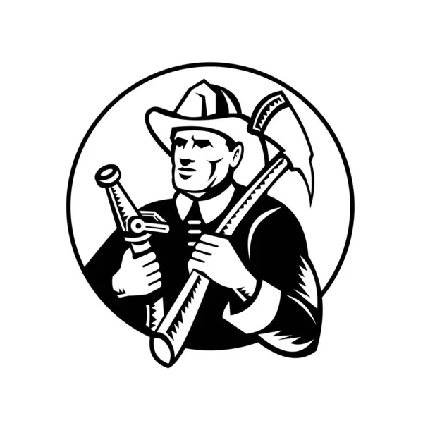 Retro Houtsnede Illustratie Van Een Brandweerman Brandweerman Met Een Brandbijl — Stockvector