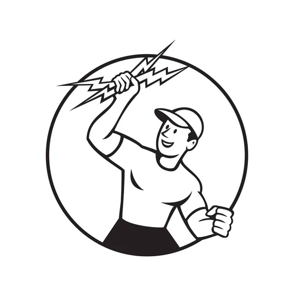 一个电工 电力接线员 建筑工人举着一个闪电插销的黑白插图 插销内圈是以卡通风格制作的 背景是孤立的白色背景 — 图库矢量图片