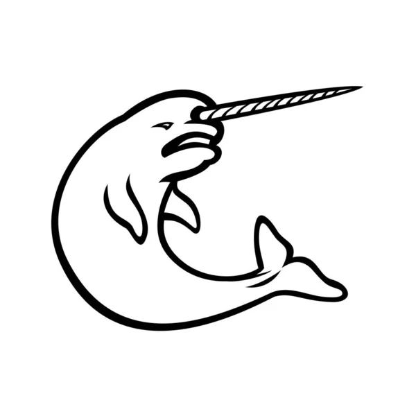 Черно Белая Иллюстрация Сердитого Нарвала Наркита Среднего Размера Зубастого Кита — стоковый вектор