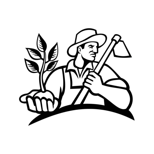 Černobílá Ilustrace Organického Farmáře Kloboukem Který Drží Rostlinu Dlaň Ruky — Stockový vektor
