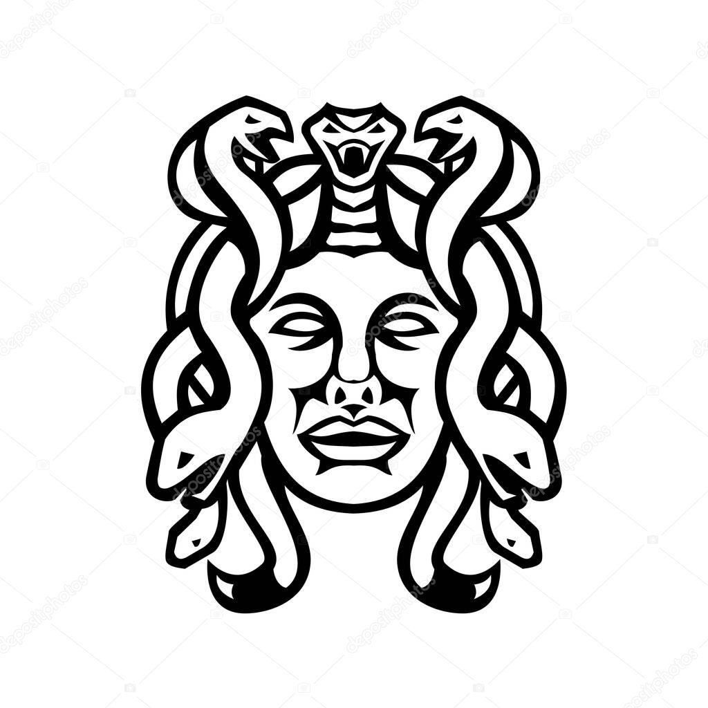 Black and white illustration of head of Medusa, in Greek mythology, a monster, a Gorgon, described as a winged human female with living venomous snakes in place of hair viewed from front in retro style.