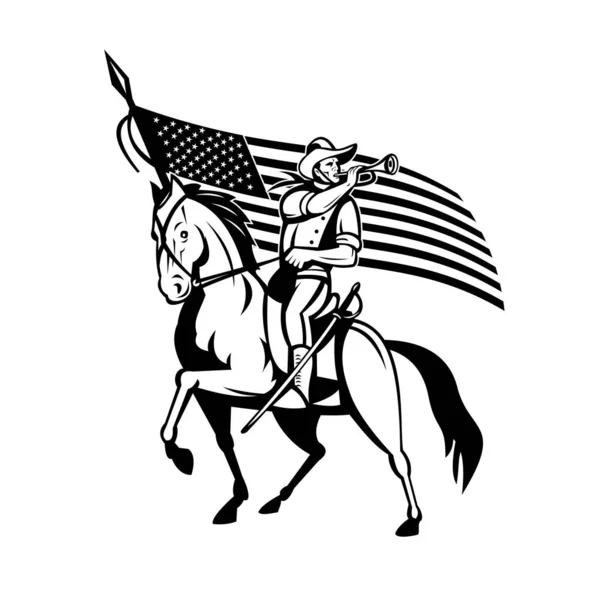 アメリカ合衆国騎兵隊のレトロなスタイルのイラスト 馬に乗って孤立した背景にアメリカの星や縞模様のフラグとアメリカの騎馬部隊 — ストックベクタ