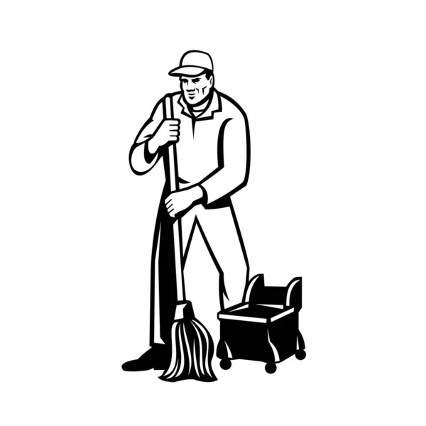 Retro Ilustracja Stylu Komercyjnego Czyściciela Lub Dozorcy Mop Czyszczenia Mop — Wektor stockowy