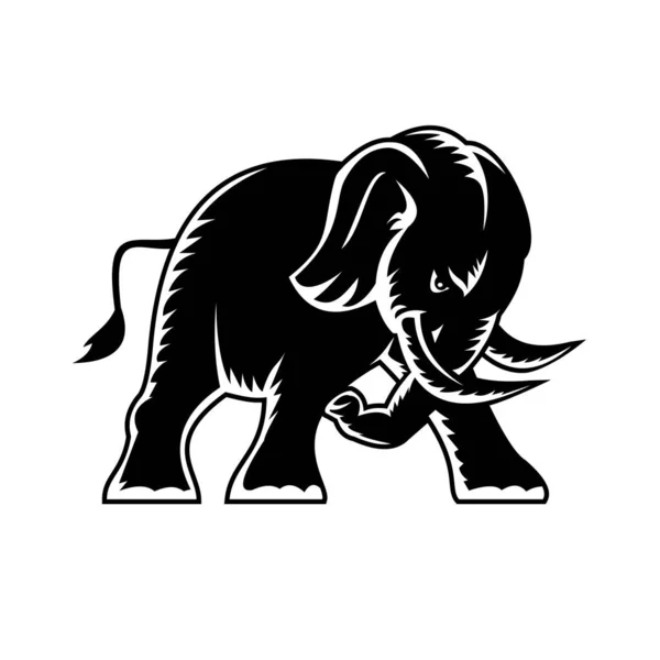 Stile Woodcut Personaggio Dei Cartoni Animati Stile Mascotte Illustrazione Elefante — Vettoriale Stock