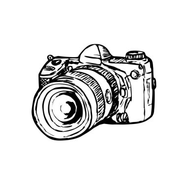 Yandan izole edilmiş beyaz arkaplanda siyah beyaz zoom lensli bir dslr dijital resim kamerasının taslak stili çizimi.
