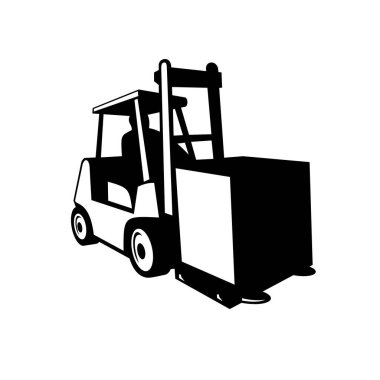 Forklift aracının siyah-beyaz canlandırması, güçlü endüstriyel kamyon, ön taraftan izole edilmiş arka planda görülüyor.