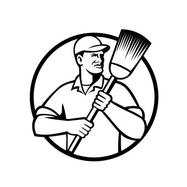 Bir sokak süpürücüsü, temizlikçi ya da temizlikçi elinde süpürge ya da süpürge tutarken siyah-beyaz çizimi izole edilmiş beyaz arka planda geçmişe dönük..