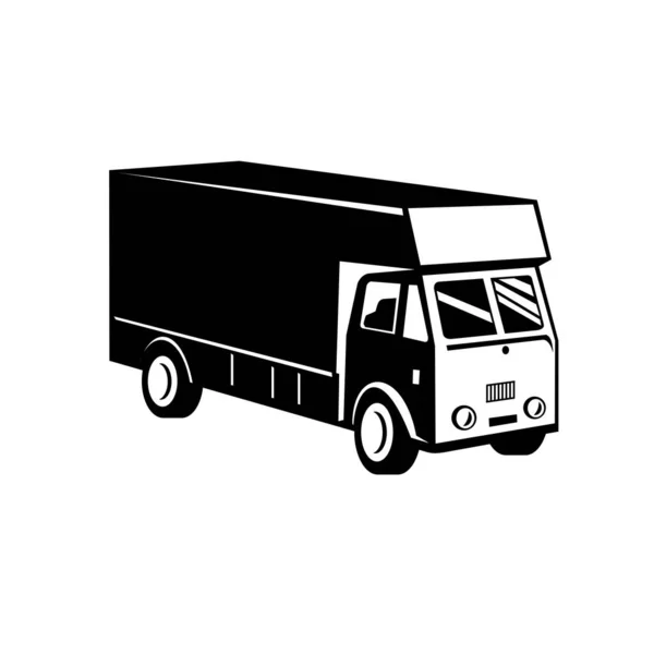 Schwarz Weiße Retro Illustration Eines Geschlossenen Lieferwagens Aus Einem Hohen — Stockvektor