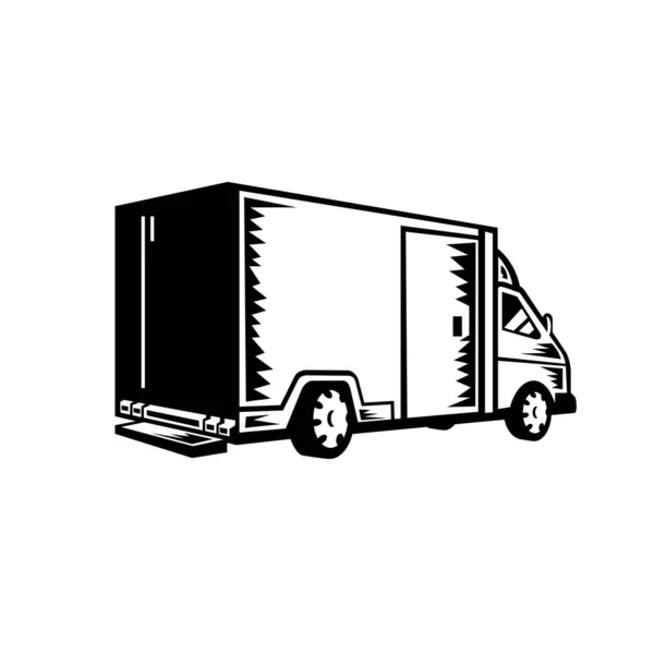 Illustration Noir Blanc Style Boisé Rétro Une Camionnette Fermée Vue — Image vectorielle