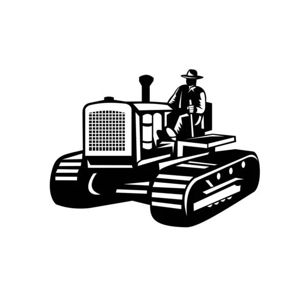 Ilustración Agricultor Conduciendo Tractor Granja Vintage Sobre Fondo Blanco Aislado — Vector de stock