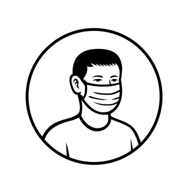 Asyalı ergen bir çocuğun ya da genç bir çocuğun izole edilmiş arka planda ön cepheden çekilmiş yüz maskesi taktığı siyah-beyaz eski moda bir tasviri..