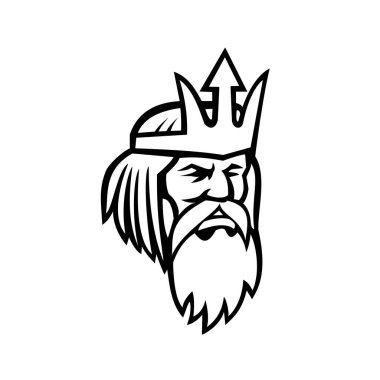 Yunan ve Roma mitolojisindeki Deniz Tanrısı Poseidon ya da Neptün 'ün siyah ve beyaz maskot çizimi ön taraftan izole edilmiş arka planda geçmişe bakıyor.