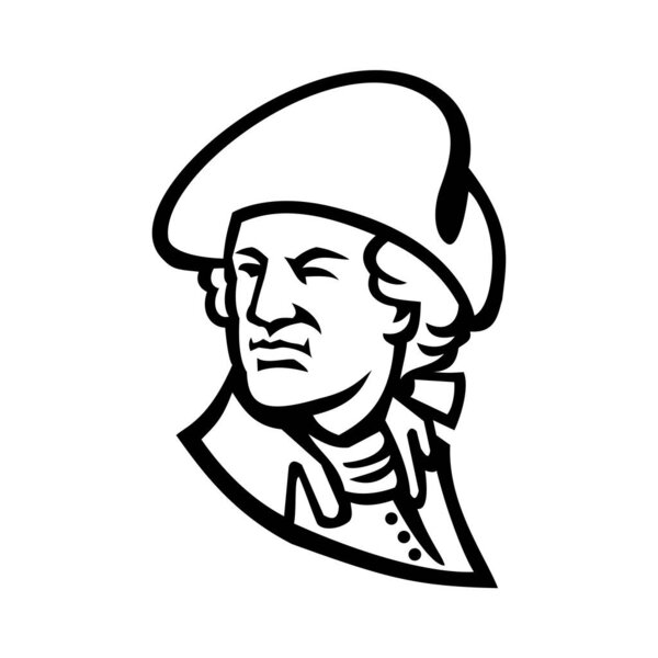 Black and White illustration of bust of an American statesman, soldier, first president of the United States and Founding Father, George Washington viewed from side on isolated background in retro style