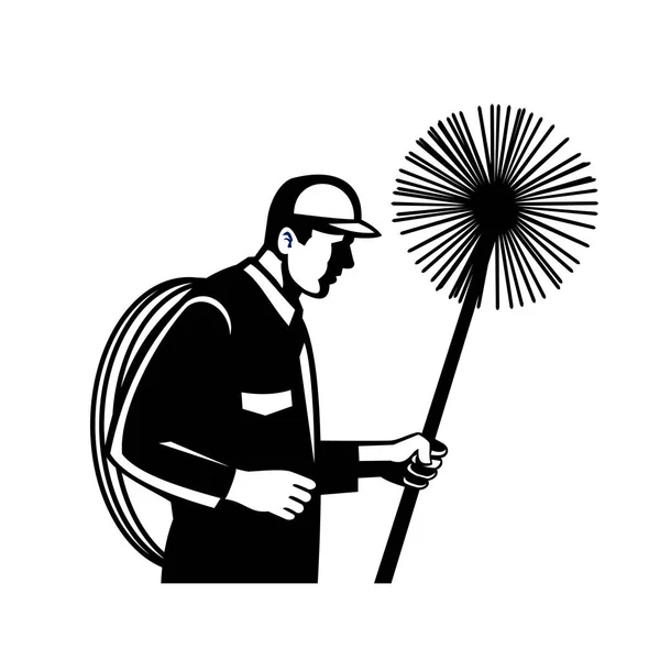 黑白相间的复古风格图例 烟囱清扫工手持扫帚或扫帚和绳索 从侧面看白色孤立的背景 — 图库矢量图片