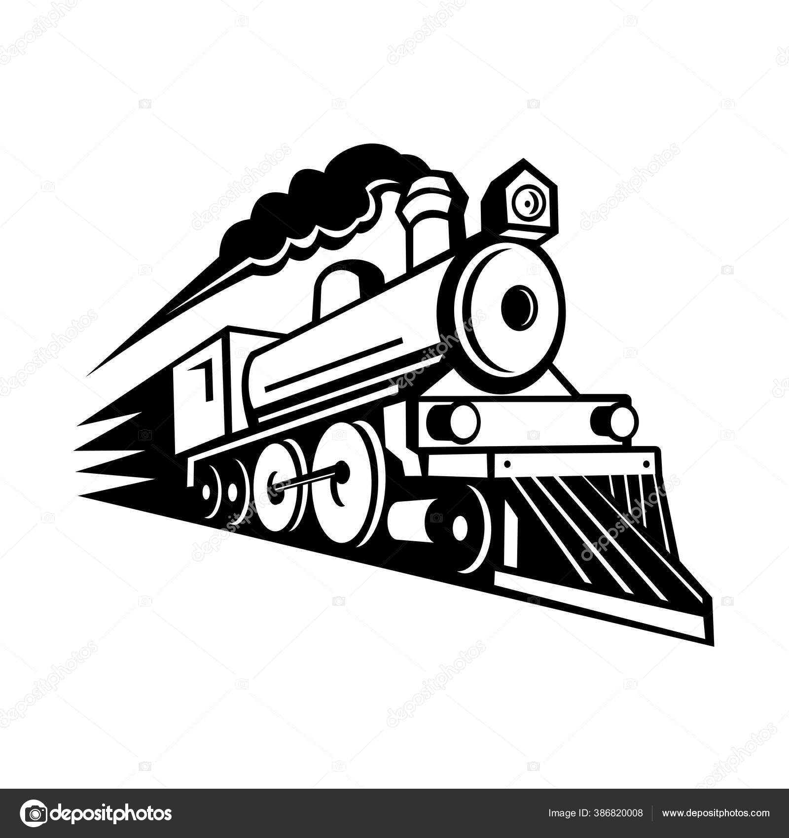 Black White Illustration Vintage Steam Locomotive Train Speeding Full Speed  Stock Vector by ©patrimonio 386820008