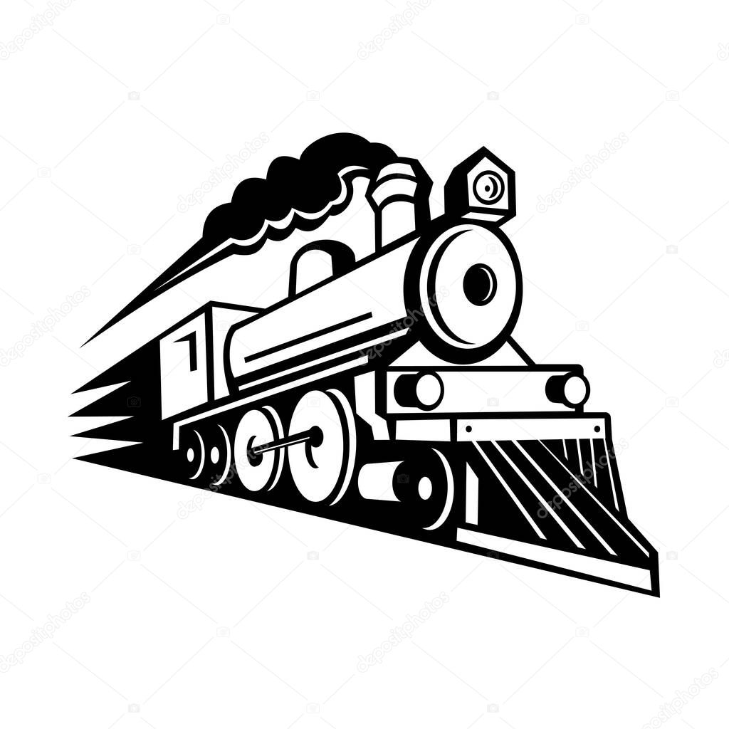 Black and white illustration of a vintage steam locomotive or train speeding in full speed coming up the viewer forward on isolated background in retro style.