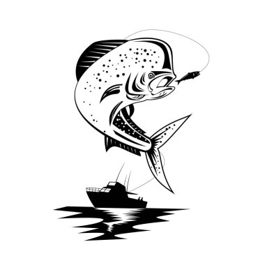 Bir mahi-mahi, dorado ya da yaygın yunus balığı Coryphaena hippurus 'un Retro stili çizimi, yüzeyde yaşayan ışın yüzgeçli bir balık, izole edilmiş arka planda siyah beyaz balıkçı teknesiyle atlıyor..