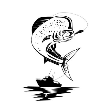 Retro style illustration of a mahi-mahi, dorado or common dolphinfish Coryphaena hippurus, a surface-dwelling ray-finned fish, jumping with fishing boat done in black and white on isolated background. clipart