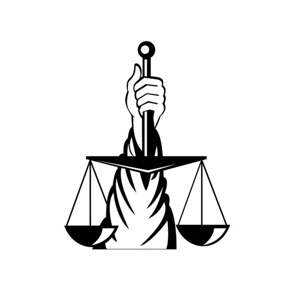 Черно Белый Ретро Стиль Иллюстрация Руки Леди Правосудия Держа Взвешивая — стоковый вектор