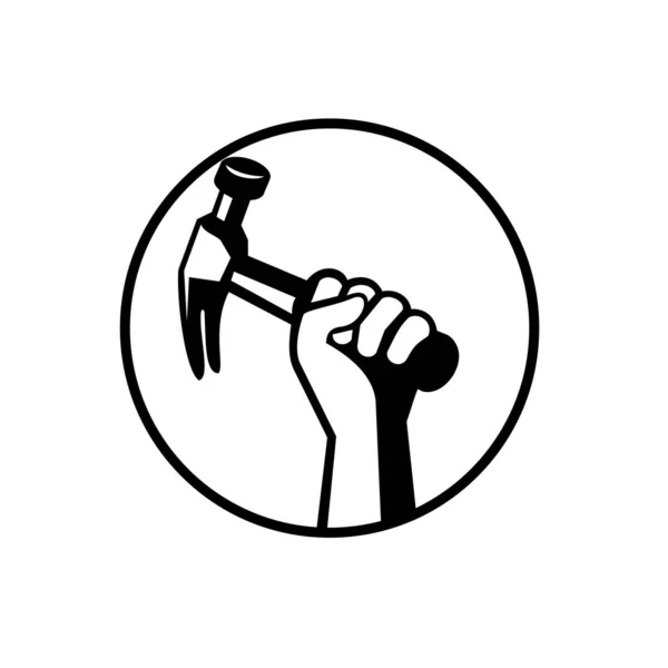 Чорно Біла Ілюстрація Руки Тесляра Будівельника Або Майстра Тримає Молоток — стоковий вектор