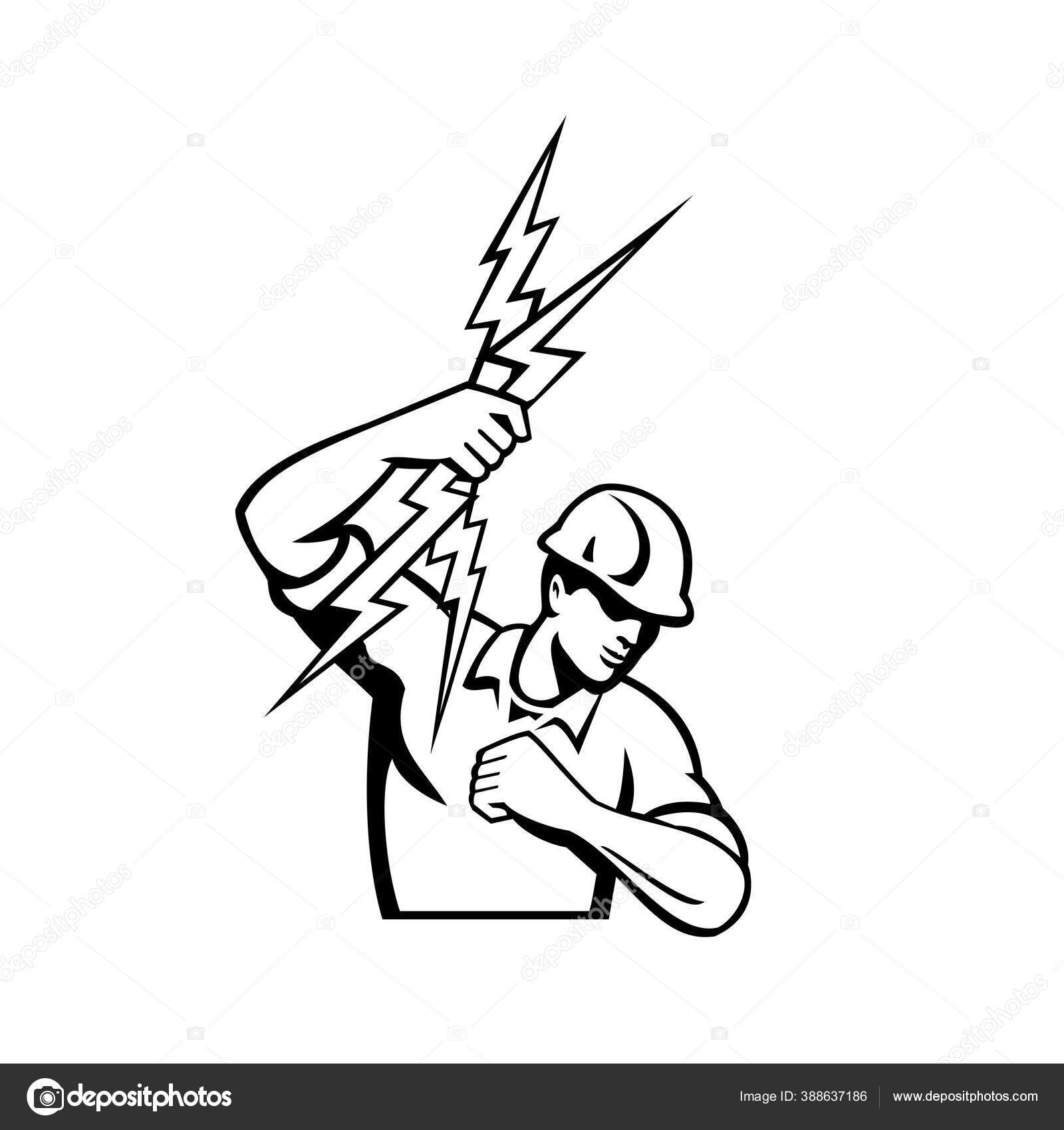 백색광을 배경으로 역반식으로 만들어 번개를 던지는 기술자나 기사를 스톡 벡터 - ©patrimonio 388637186