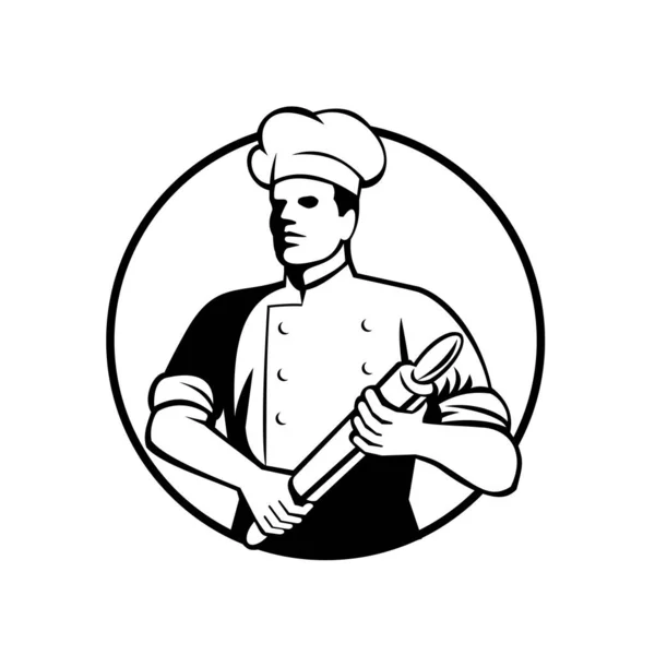 复古黑白风格的图画 指面包师 厨师或食品工人在孤立的背景下 从内圈的前置看到滚动的别针 — 图库矢量图片