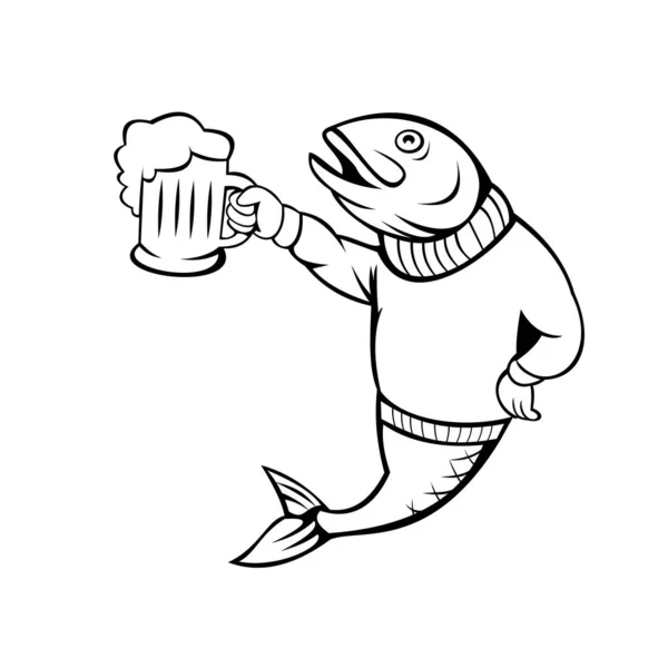 Dibujos Animados Ilustración Una Trucha Salmón Pescado Sosteniendo Taza Cerveza — Archivo Imágenes Vectoriales