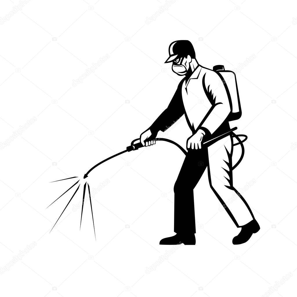 Retro black and white style illustration of a pest control exterminator spraying chemical disinfectant or pesticide viewed from side on isolated background.
