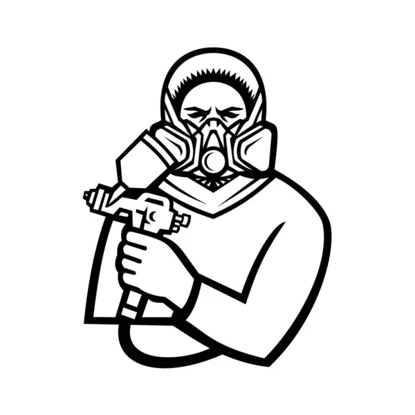 Czarno Biały Maskotka Ilustracja Przemysłowego Spray Malarz Gospodarstwa Farby Natryskowej — Wektor stockowy