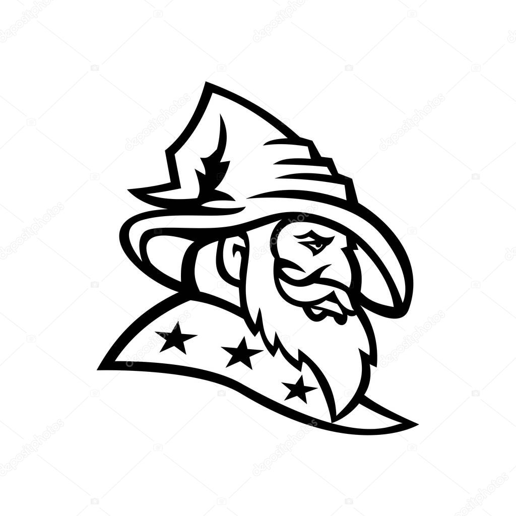 Black and white Mascot illustration of head of a wizard, warlock, magician or sorcerer with three stars on his cloak or robe viewed from side on isolated background in retro style.