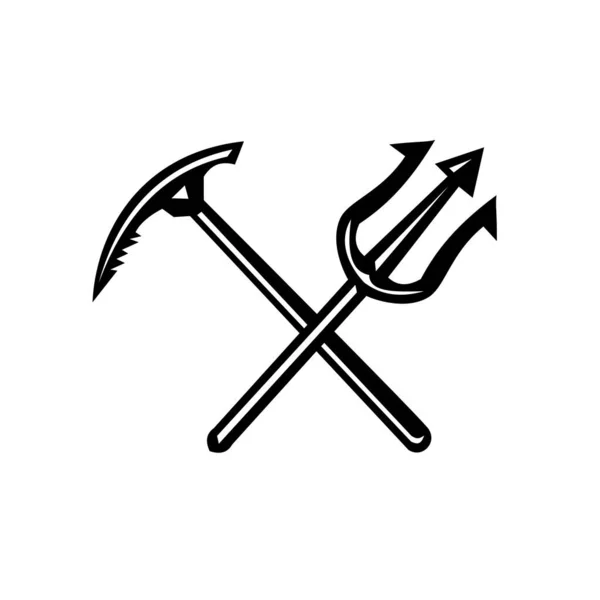 Black White Mascot Icon Illustration Crossed Trident Climbing Ice Axe — Stock Vector