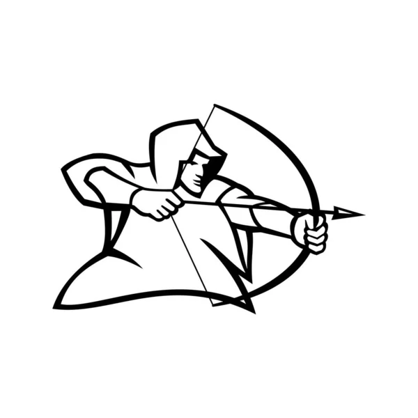 Black White Illustration Medieval Archer Robin Hood Shooting Bow Arrow — Stock Vector