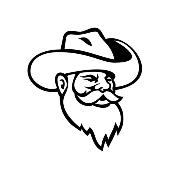 Black White Mascot Illustration Head Miner Wearing Beard Cowboy Hat — Stock Vector