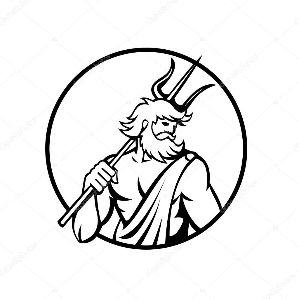 Black and white illustration of Roman god of sea Neptune Poseidon of Greek mythology holding a trident on shoulder set inside circle on isolated background done in retro style
