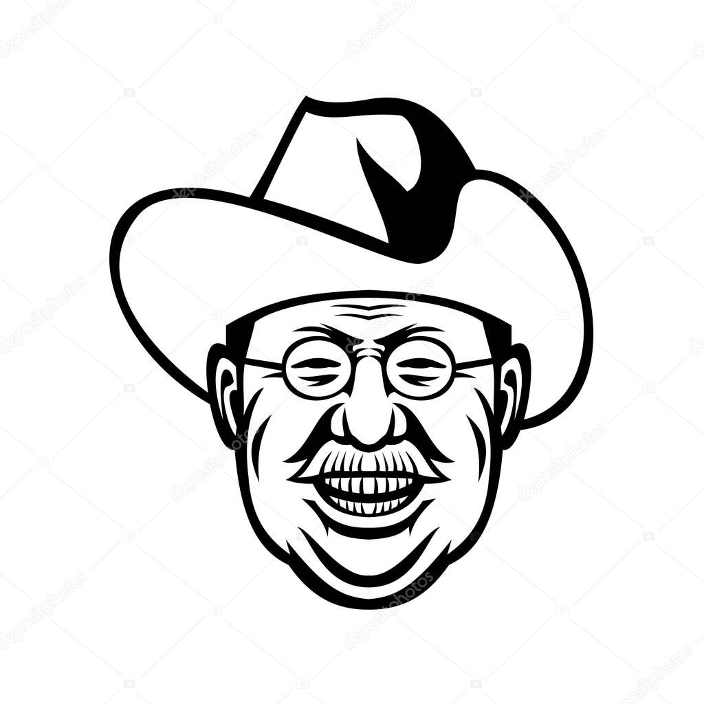 Black and white mascot illustration of head of Theodore Roosevelt, American president and commander of Rough Riders viewed from front on isolated background in retro style.