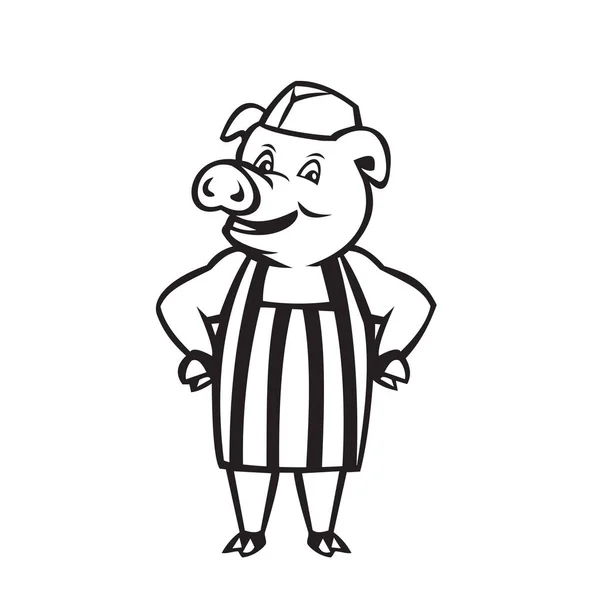 Illustration Noir Blanc Cochon Boucher Portant Chapeau Tablier Souriants Avec — Image vectorielle