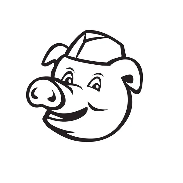 Black White Illustration Head Butcher Pig Smiling Wearing Cap Facing — Stock Vector