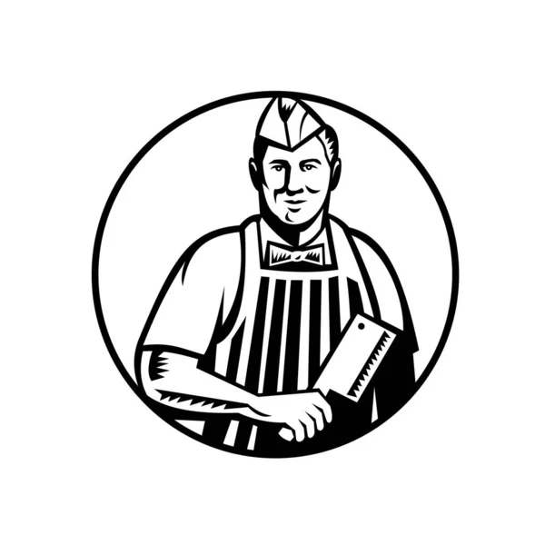 黒と白で行われた隔離された背景に輪の中にキャップとエプロン面セットを身に着けている肉クリーバーナイフと肉屋のカッター労働者のレトロな木版画スタイルのイラスト — ストックベクタ
