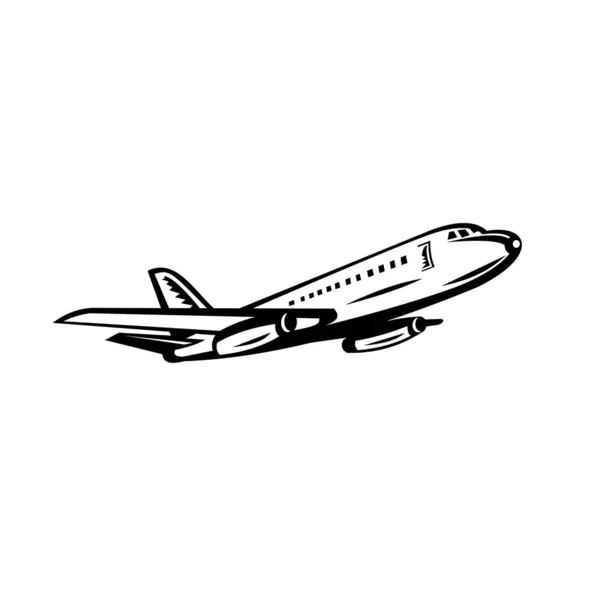 Retro Svart Och Vit Stil Illustration Jumbo Passagerare Jet Flygplan — Stock vektor