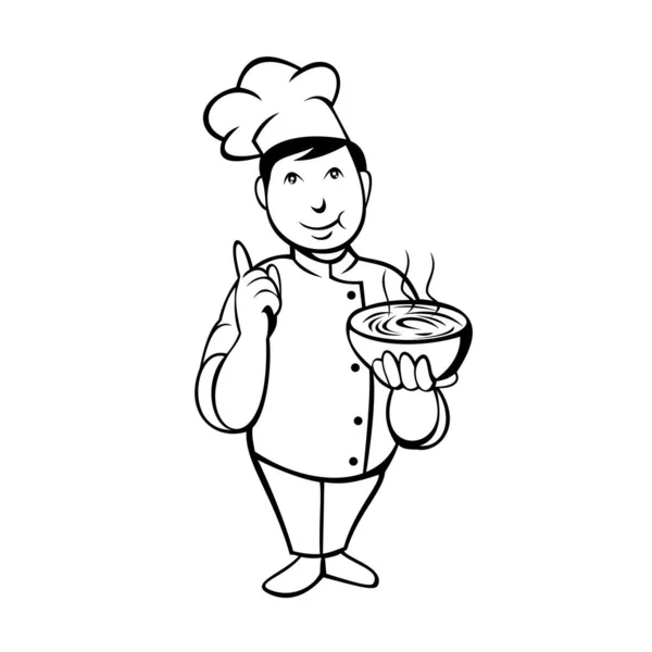 Cartoon Character Style Illustration Asian Chef Cook Holding Serving Bowl — Stock Vector