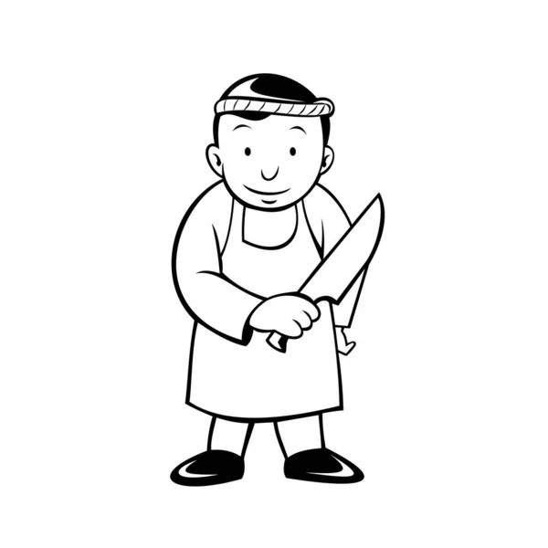 Kreslený Černobílý Styl Ilustrace Japonského Řezníka Držícího Nůž Viděný Zepředu — Stockový vektor