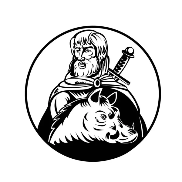 北欧神話に登場する神フライヤーやフライのレトロな木版画風のイラストで 黒と白で描かれた剣とイノシシの輪による神聖な王権 平和と繁栄に関連している — ストックベクタ